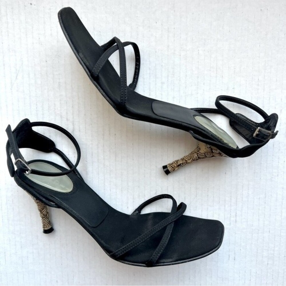 Casadei Black Sandals w/ Ankle Strap & Rattan Bamboo Look Heels‎ Women Sz US 4.5